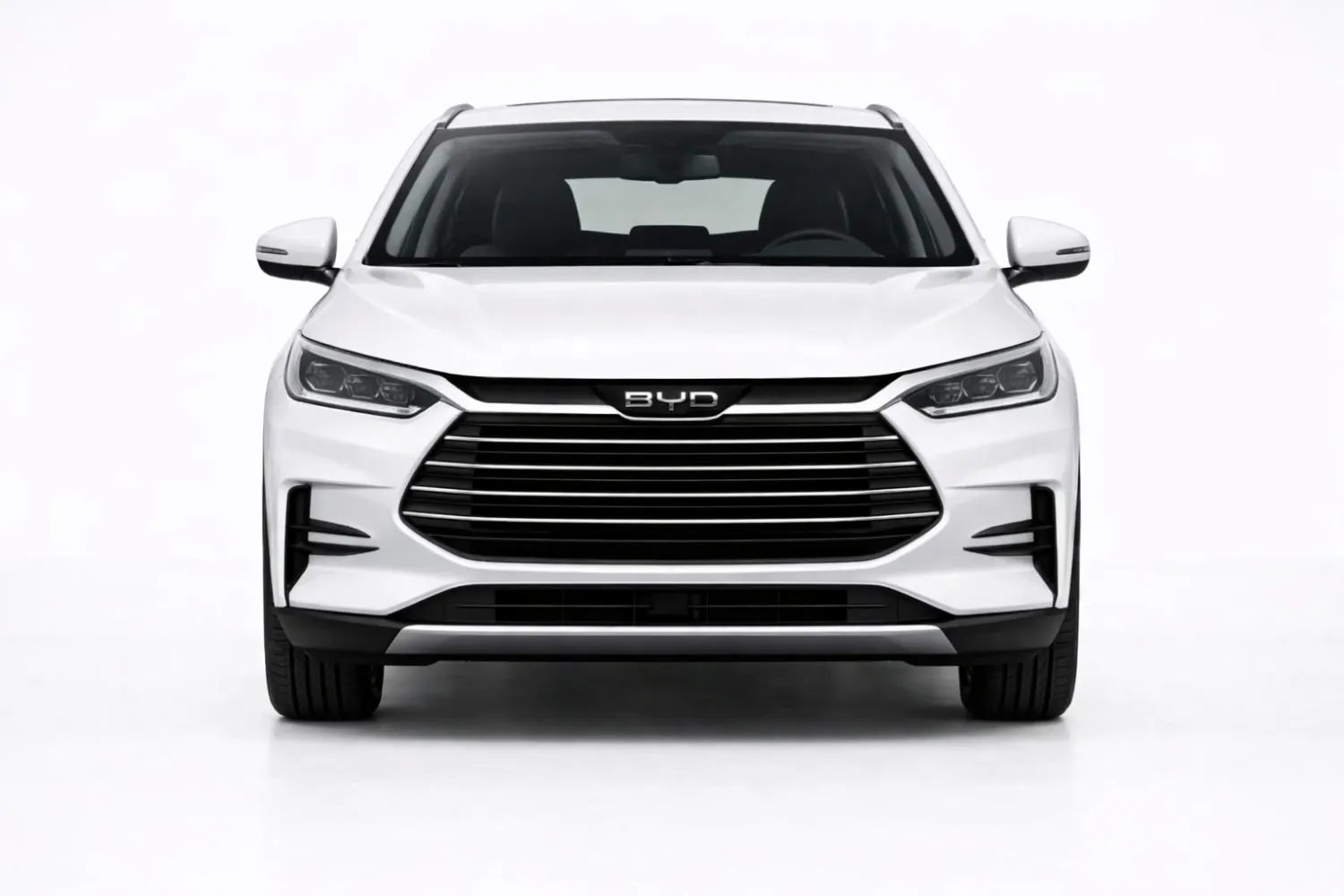 BYD EV SUV front view showing closed grille design and sharp LED headlights
