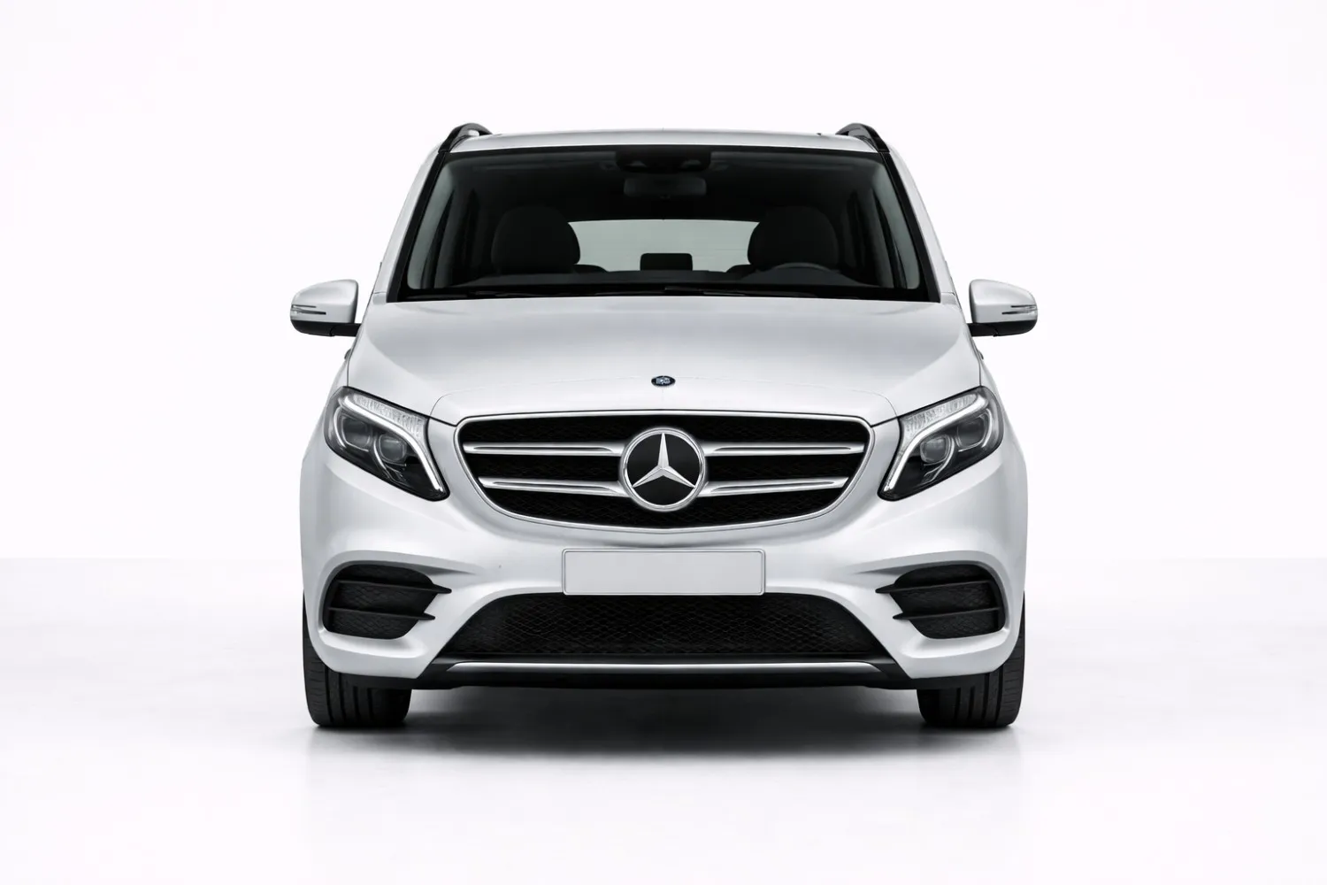 Mercedes V Class front view showing signature grille, LED headlights, and luxury MPV stance