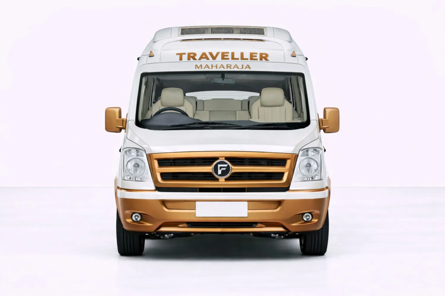 Traveller Maharaja front view showing the front grille, headlights, and wide windshield.