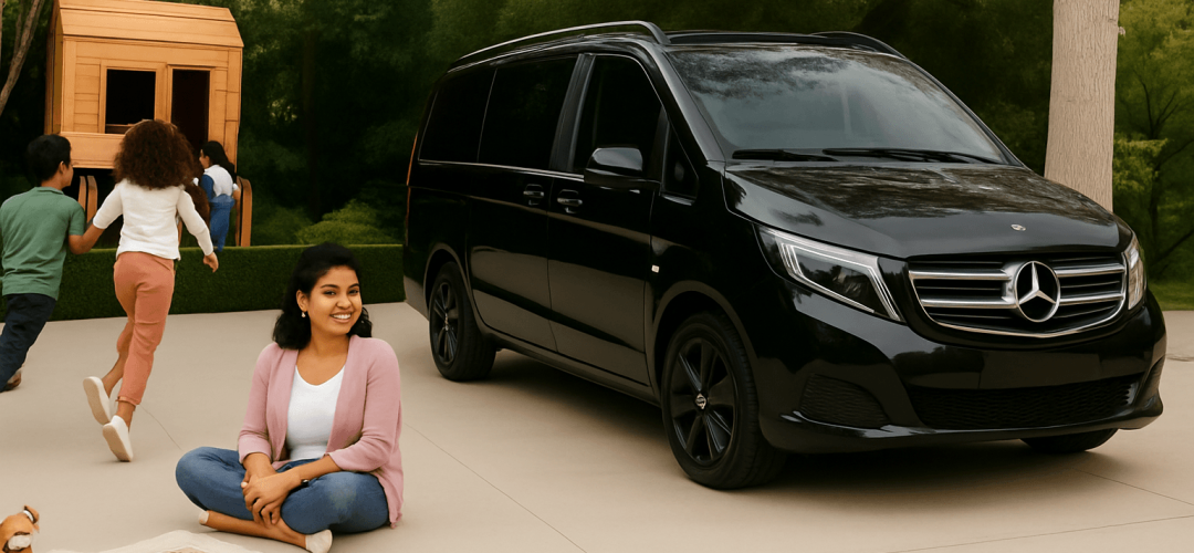 Black Mercedes V Class luxury van parked outside a house, with children and their mom playing nearbyideal for premium family travel and group journeys.
